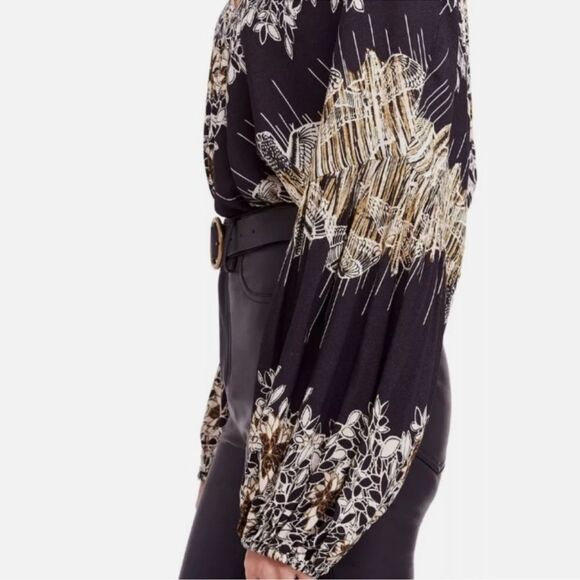 FREE PEOPLE Birds of a Feather Patterned Top Black Brown Beige Women’s Large - Picture 6 of 11